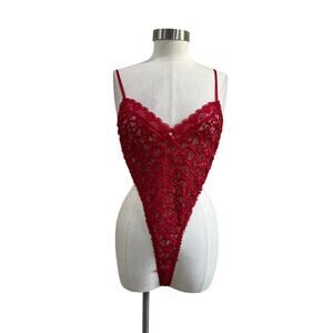 Delicates Red Lace Teddy Bodysuit Sheer V Neck Lingerie Coquette Size L